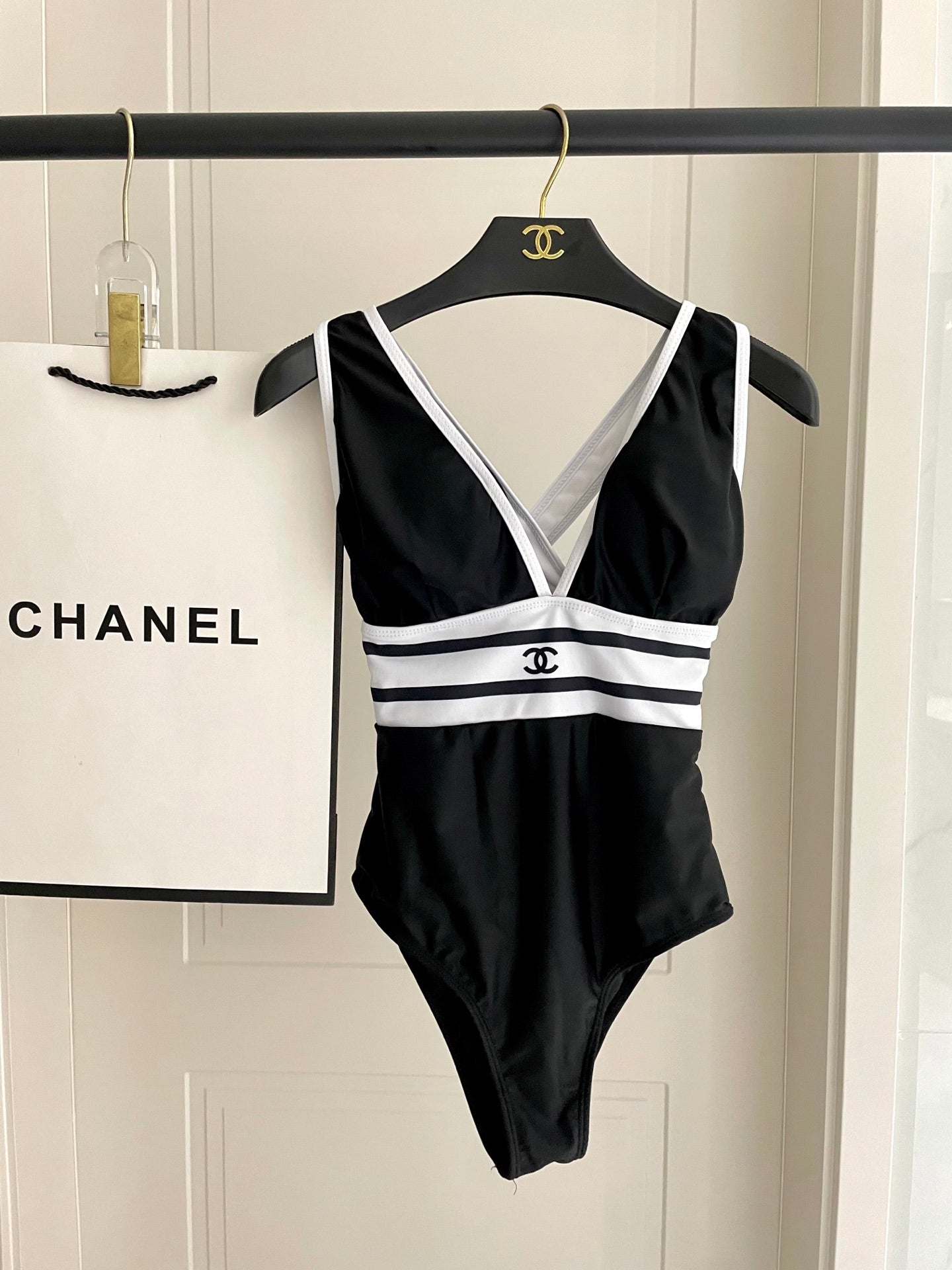 CHANEL BIKINI SWIMSUIT SET BLACK WHITE 173343