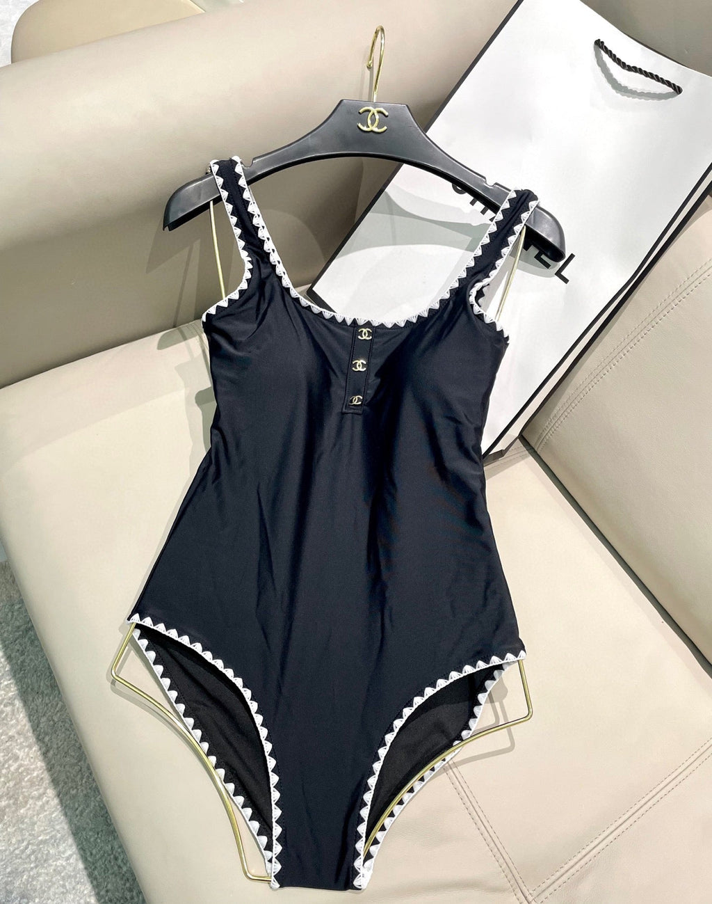 CHANEL BIKINI SWIMSUIT SET IN BLACK AND WHITE TRIM 622173