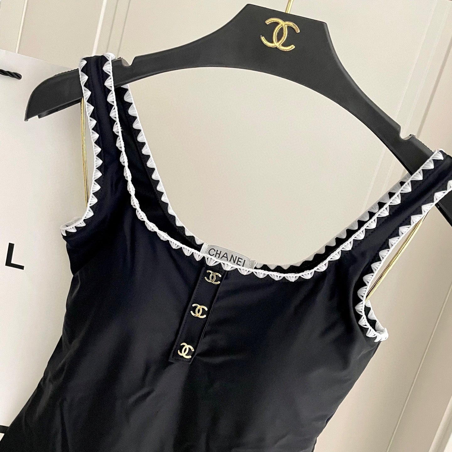CHANEL BIKINI SWIMSUIT SET IN BLACK AND WHITE TRIM 622173