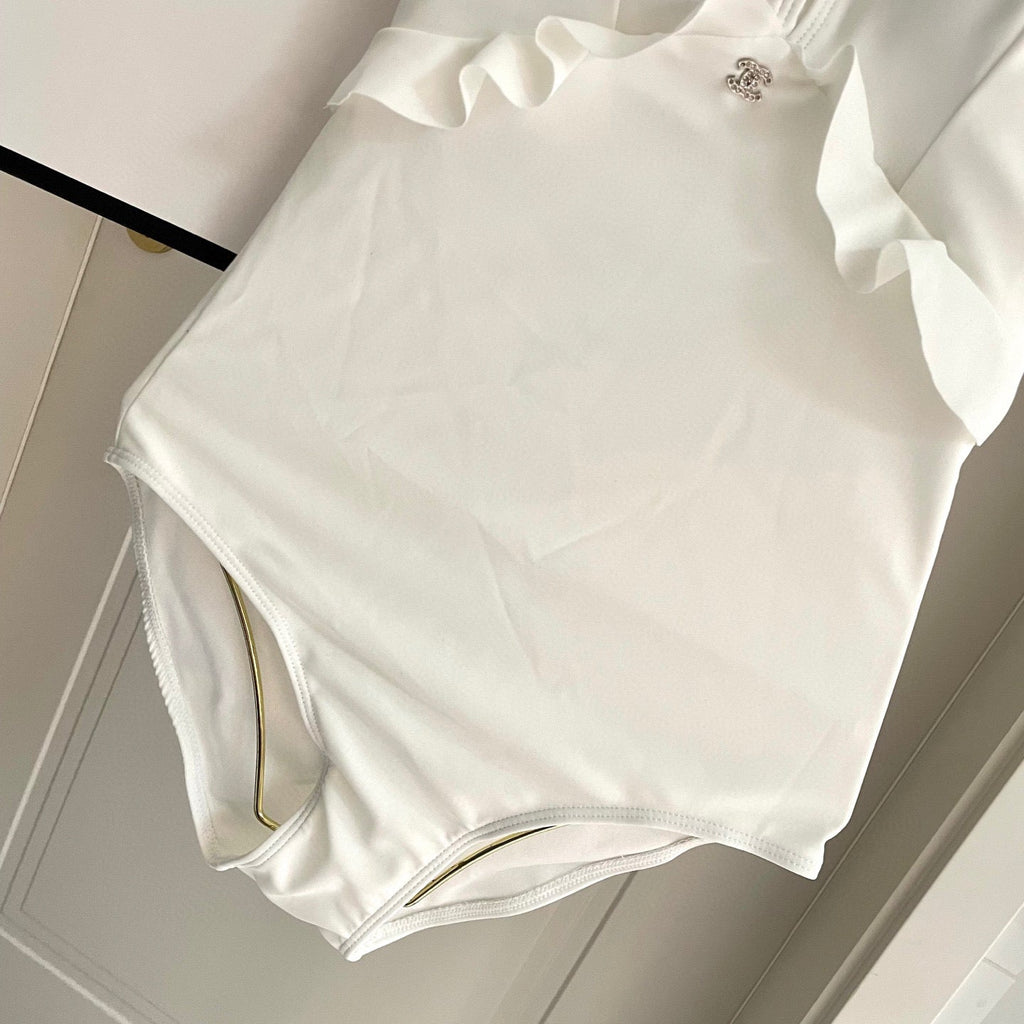 CHANEL BIKINI SWIMSUIT SET WHITE AND RUFFLED TRIM 622179