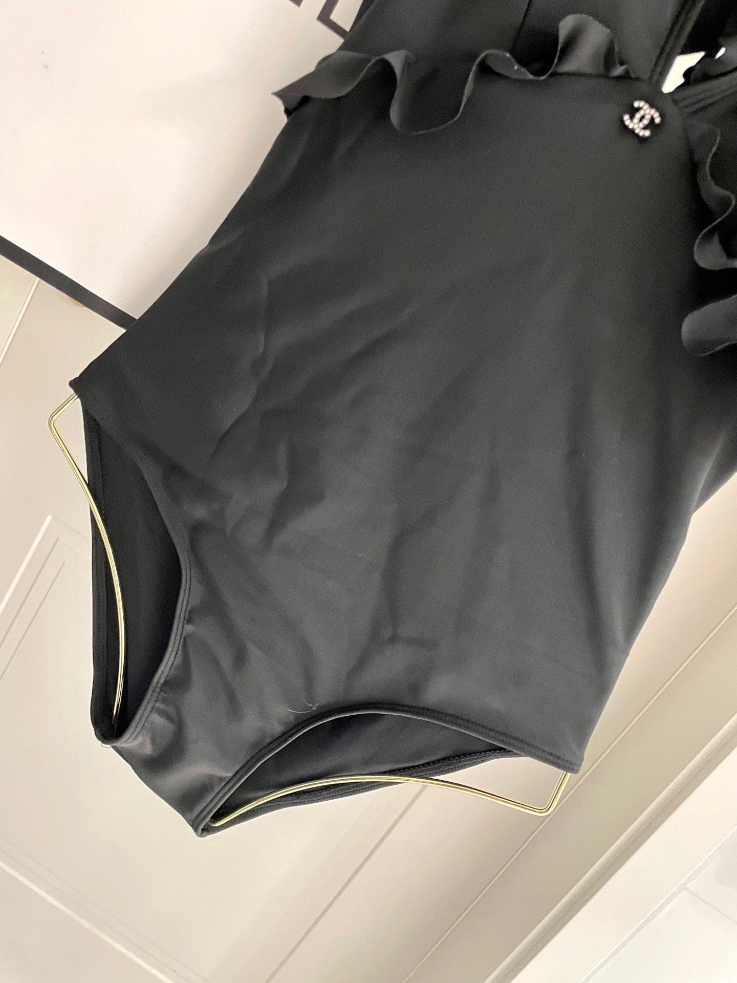 CHANEL BIKINI SWIMSUIT SET BLACK AND RUFFLED TRIM 622180