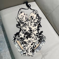 CHANEL BIKINI SWIMSUIT SET IN IVORY MESH WITH BLACK VELVET FLORAL EMBROIDERY 622181