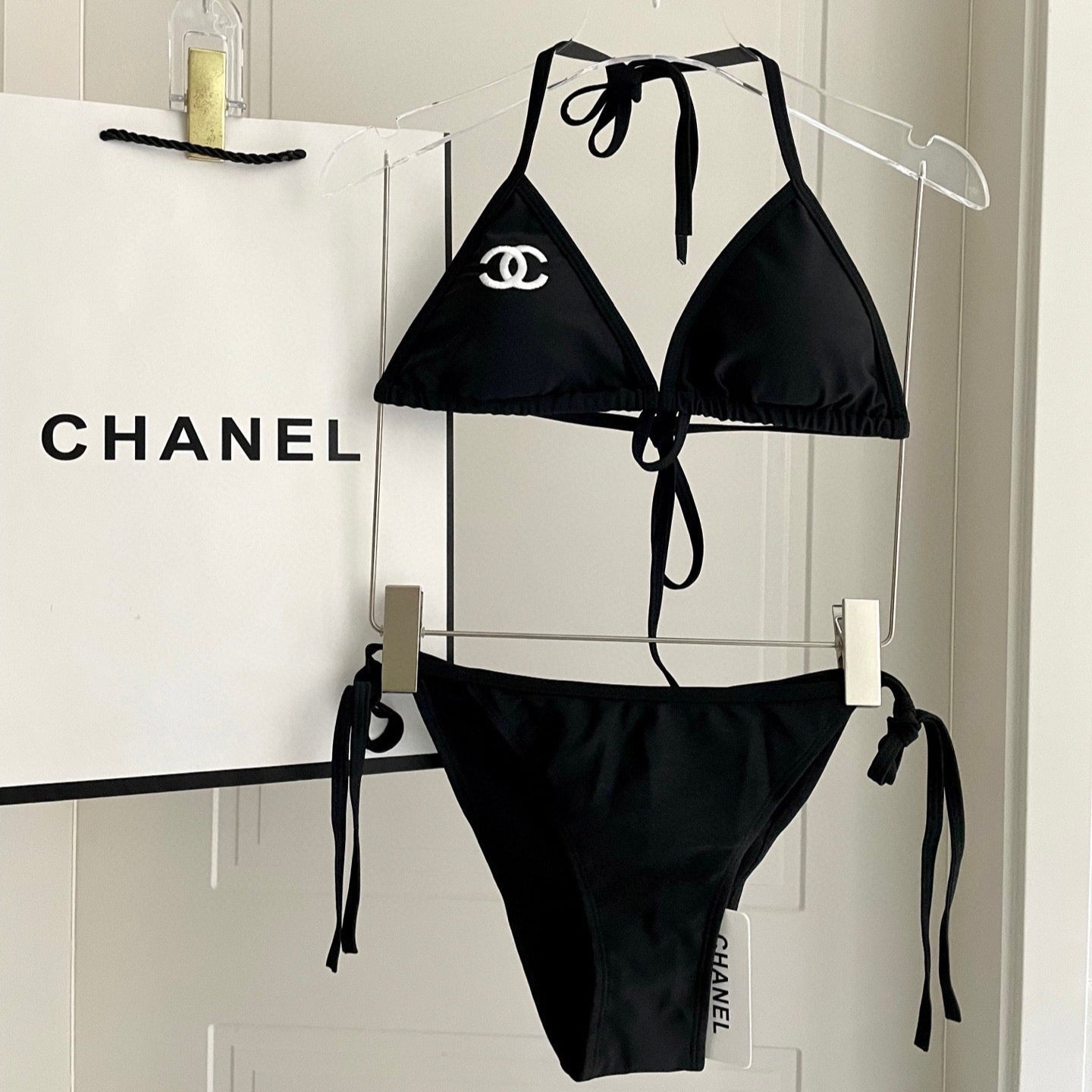 CHANEL BIKINI SWIMSUIT SET IN BLACK EMBROIDERED LOGO 624564
