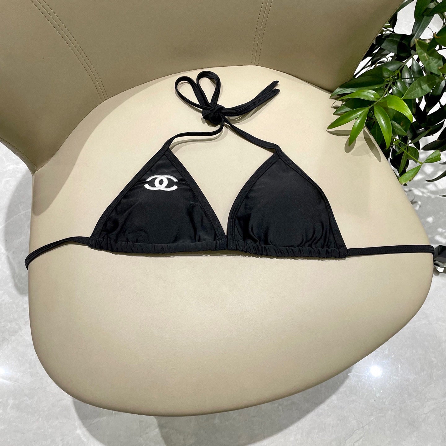 CHANEL BIKINI SWIMSUIT SET IN BLACK EMBROIDERED LOGO 624564