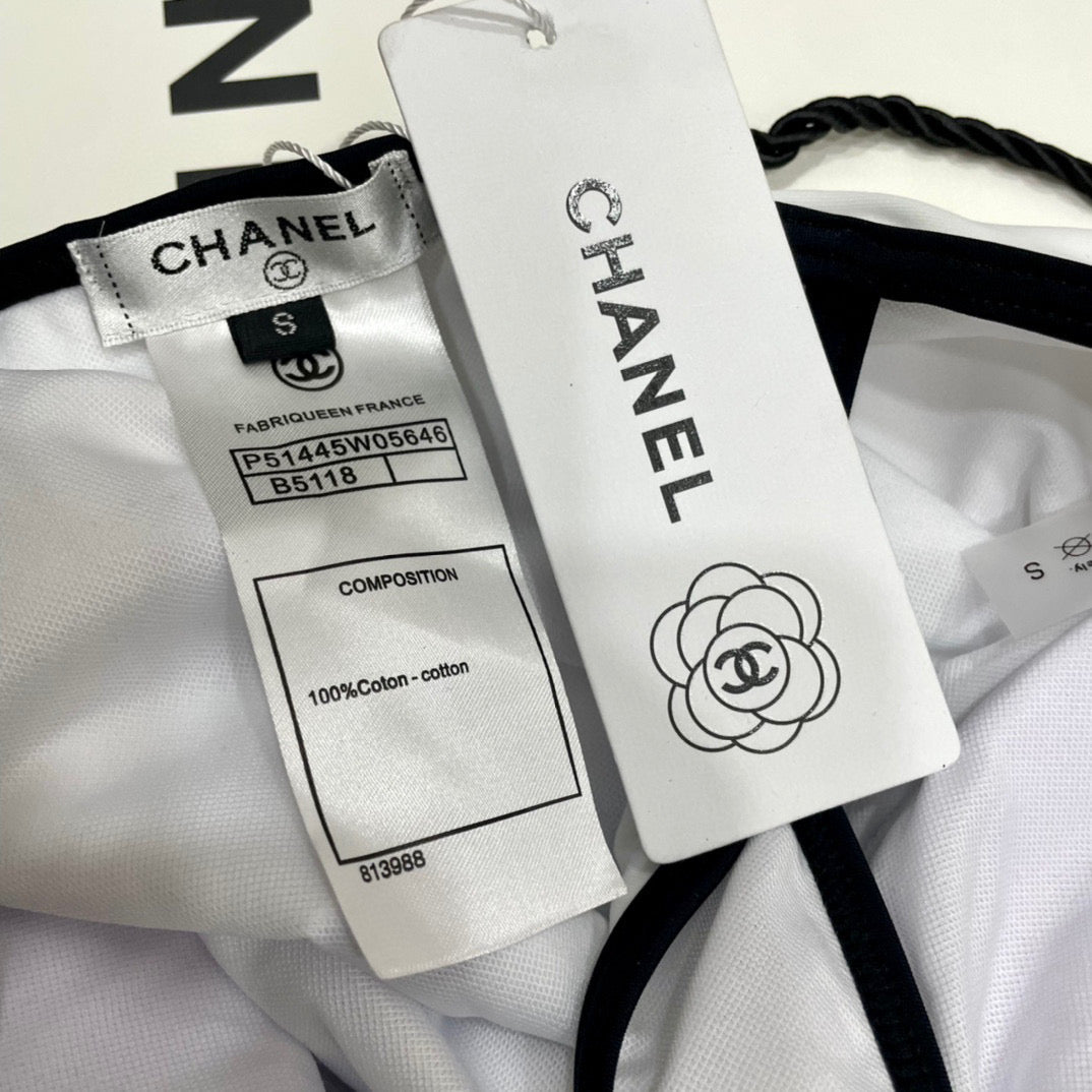 CHANEL BODYSUIT SWIMSUIT IN WHITE AND BLACK TRIM 627828
