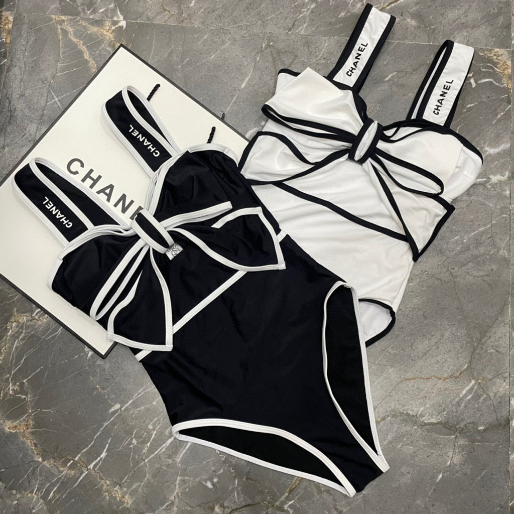 CHANEL BODYSUIT SWIMSUIT IN WHITE AND BLACK TRIM 627828