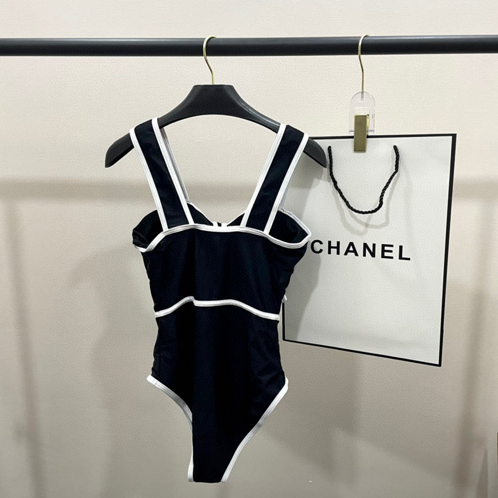 CHANEL BODYSUIT SWIMSUIT IN BLACK AND WHITE TRIM 627829