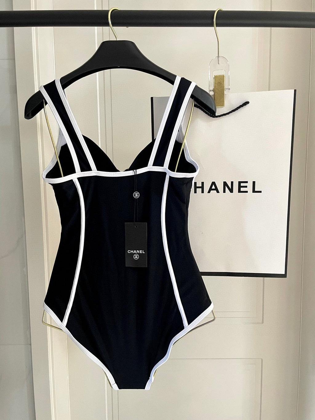 CHANEL SWIMSUIT BODYSUIT IN BLACK AND WHITE STRIPED 627831