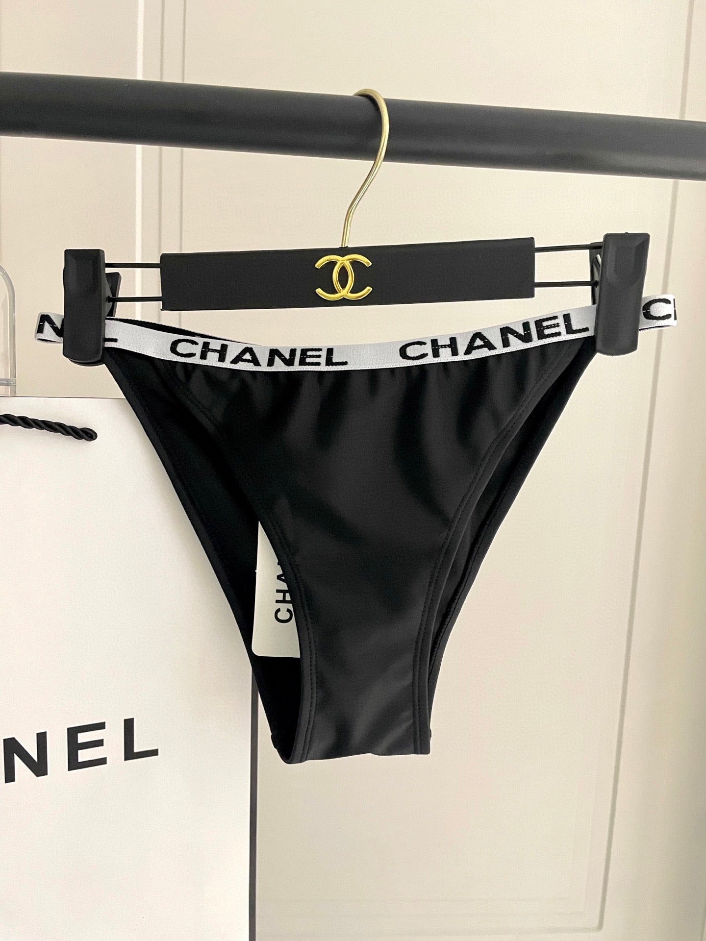 CHANEL BIKINI SWIMSUIT SET IN BLACK WITH WHITE TRIM 627832