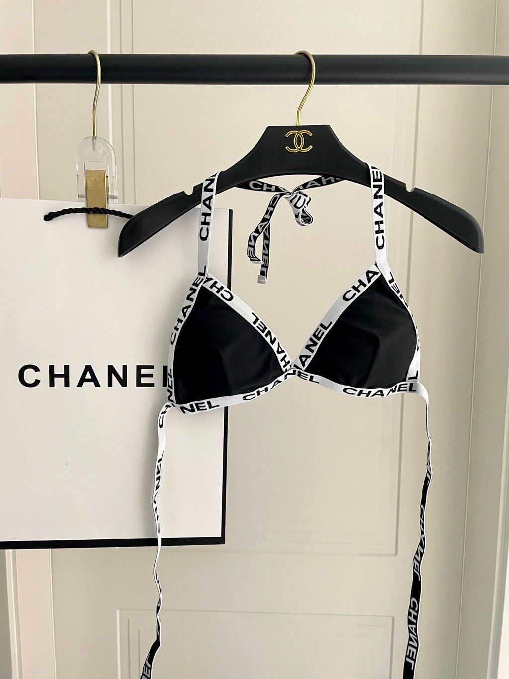 CHANEL BIKINI SWIMSUIT SET IN BLACK WITH WHITE TRIM 627832