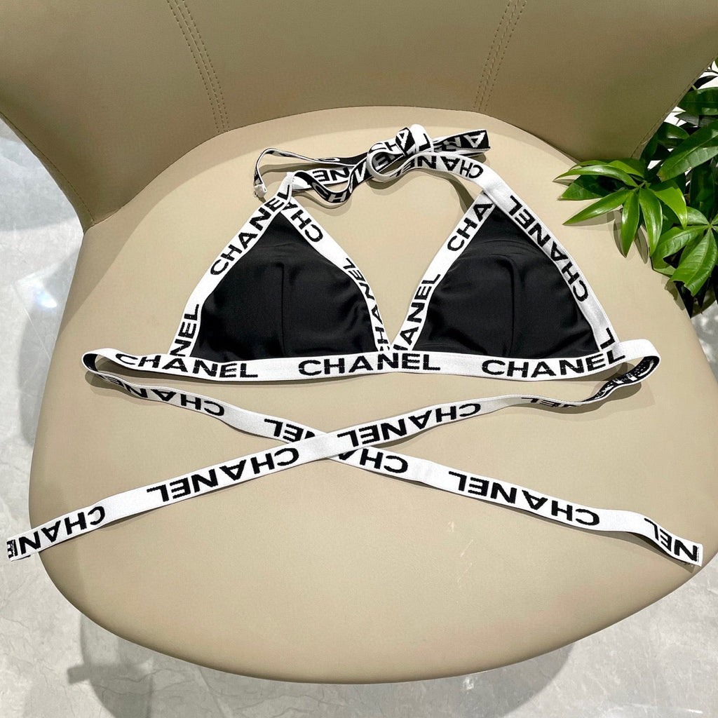 CHANEL BIKINI SWIMSUIT SET IN BLACK WITH WHITE TRIM 627832
