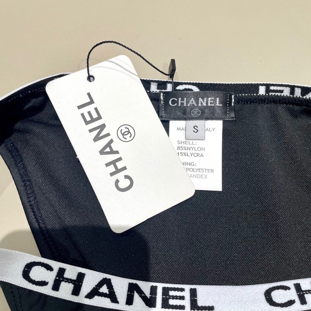 CHANEL BIKINI SWIMSUIT SET IN BLACK WITH WHITE TRIM 627832