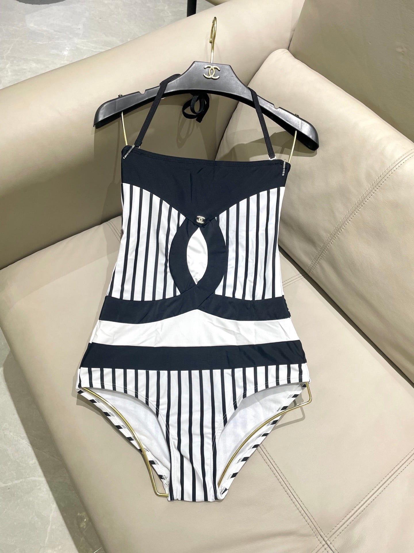 CHANEL BIKINI SWIMSUIT SET IN WHITE WITH BLACK VERTICAL STRIPES 633258