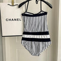 CHANEL BIKINI SWIMSUIT SET IN WHITE WITH BLACK VERTICAL STRIPES 633258
