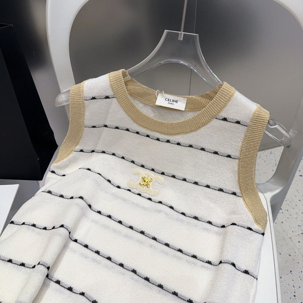CELINE STRIPED TANK TOP 615178 IN WHITE COTTON RIBBED BEIGE TRIM