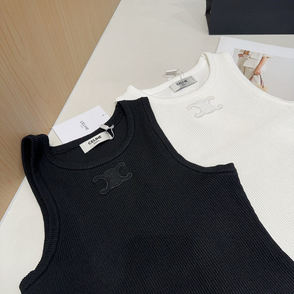 CELINE TANK TOP 633207 IN BLACK COTTON RIBBED KNIT EMBOSSED LOGO