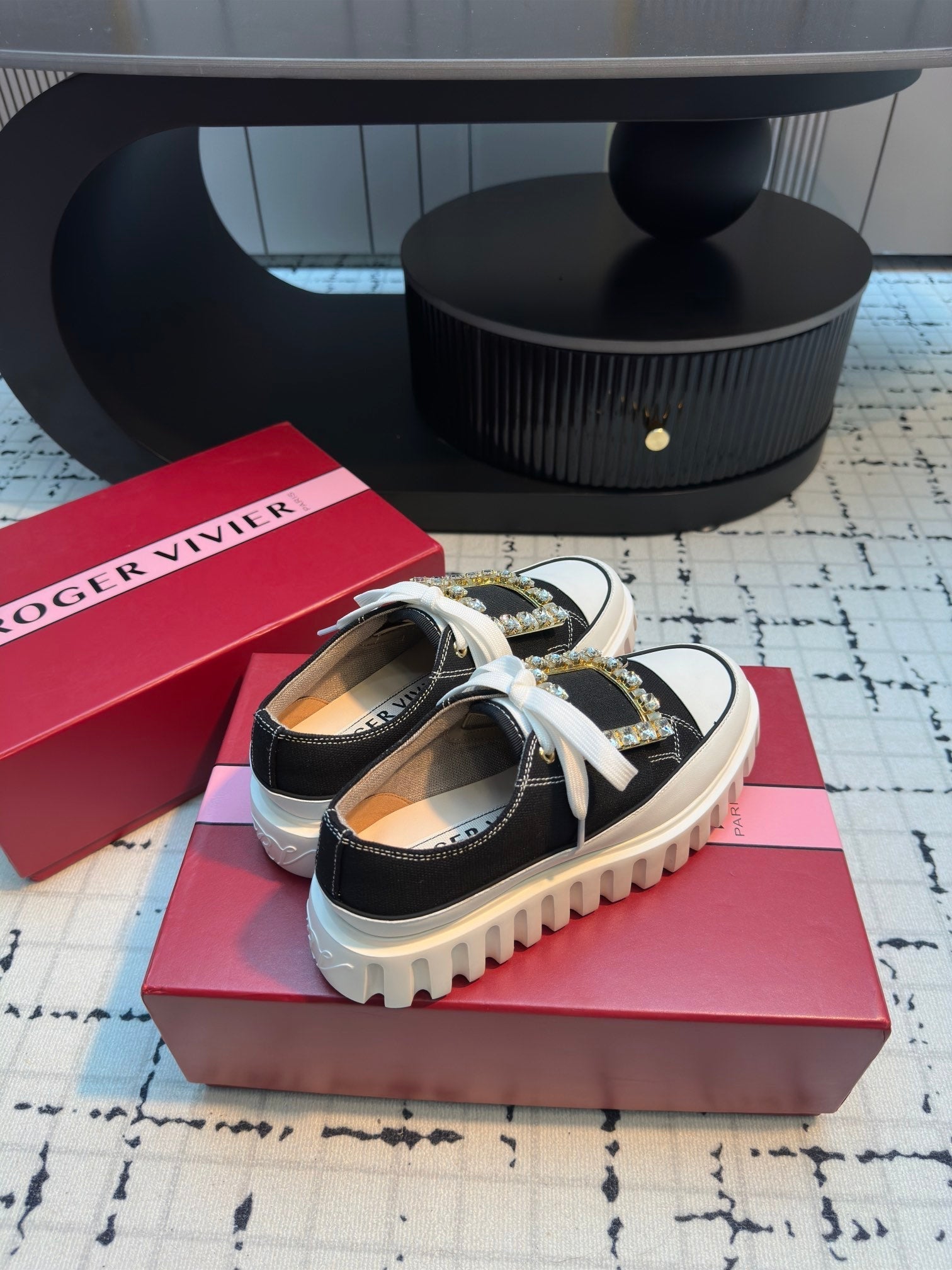 VIV' GO-THICK STRASS BUCKLE SLIP-ON SNEAKERS IN BLACK CANVAS