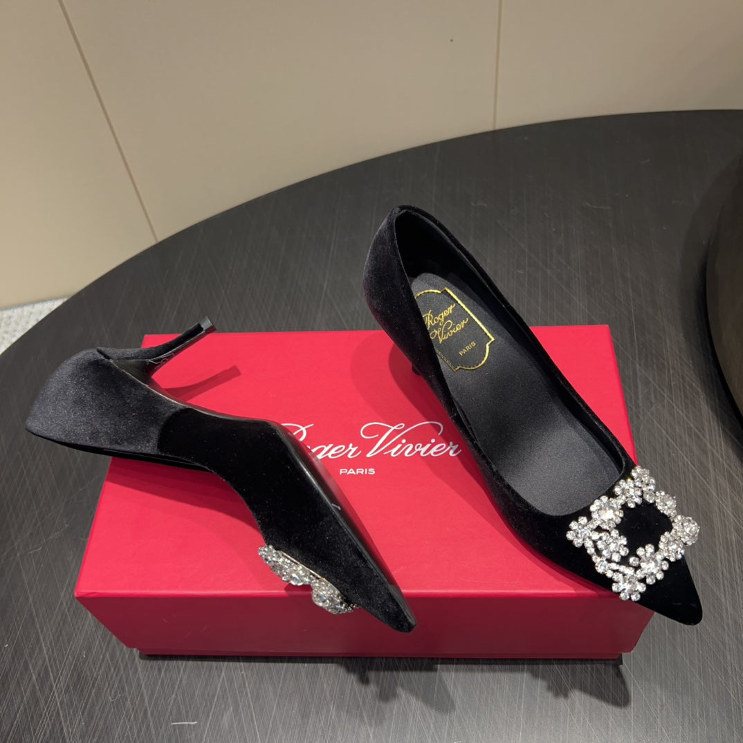 ROGER VIVIER 25S POINTED TOE HIGH HEELS 70MM IN BLACK VELVET EMBELLISHED CRYSTALS