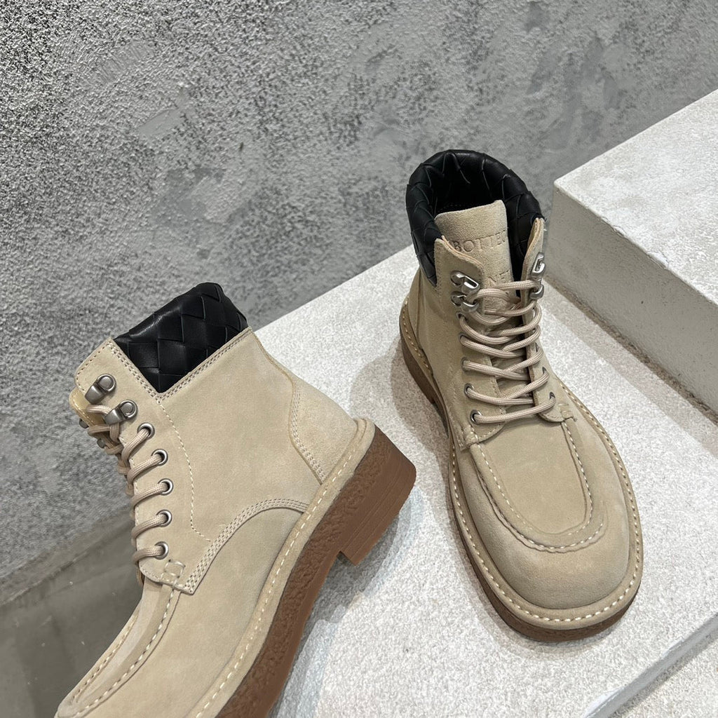 BOTTEGA VENETA HADDOCK LACE-UP ANKLE BOOT IN KHAKI BROWN SUEDE