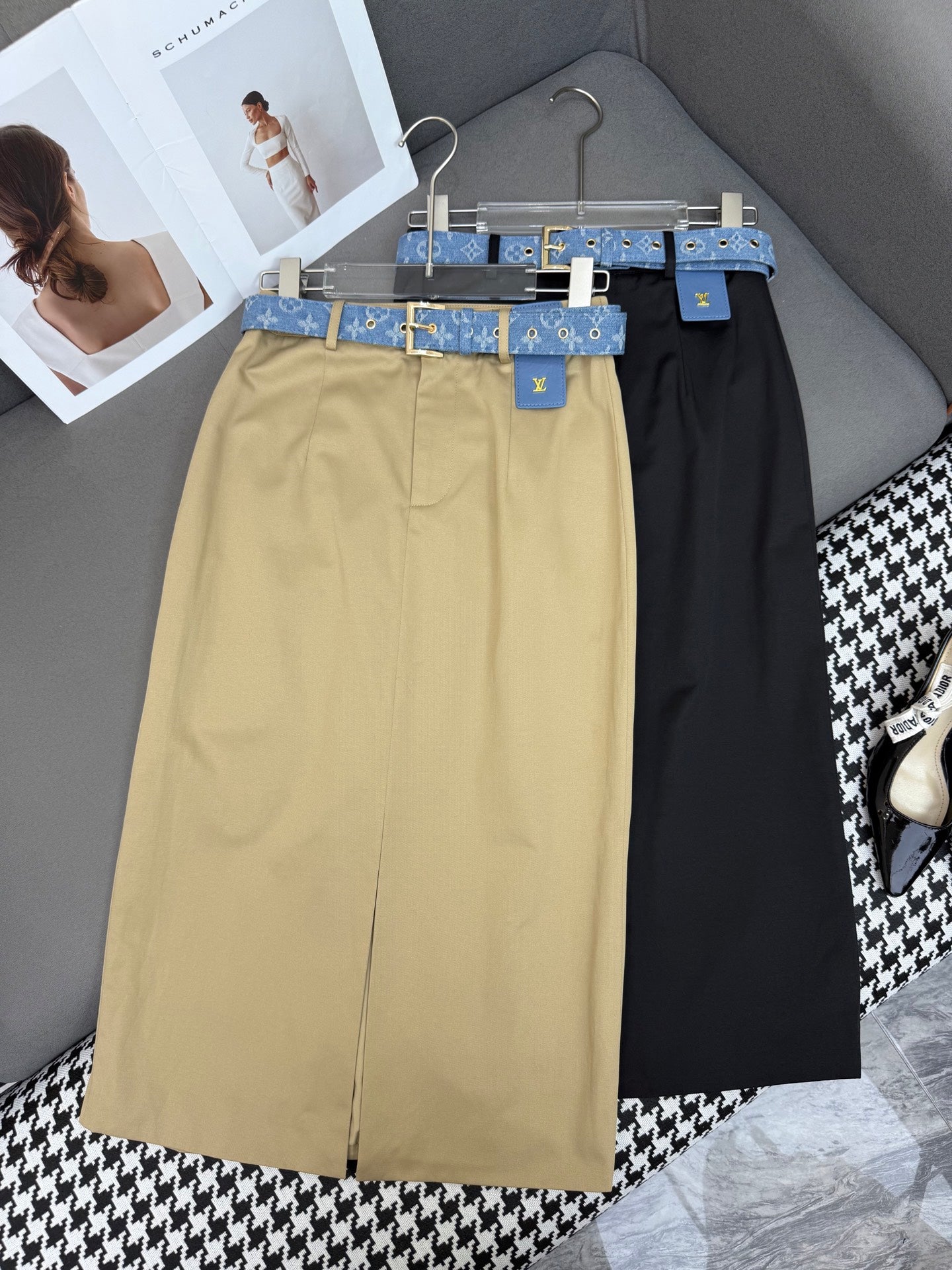 LOUIS VUITTON FRONT-SLIT SKIRT WITH LOGO BELT