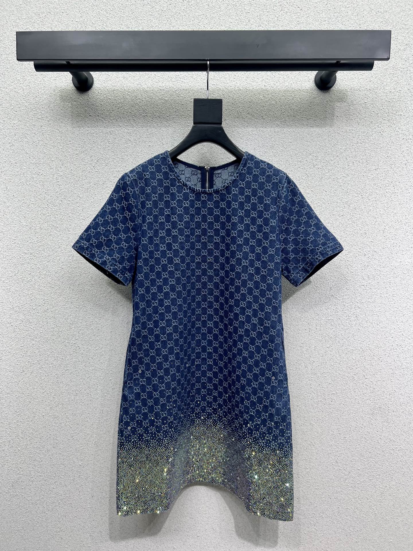 GUCCI Blue Monogram Crystal Embellished Mini Dress