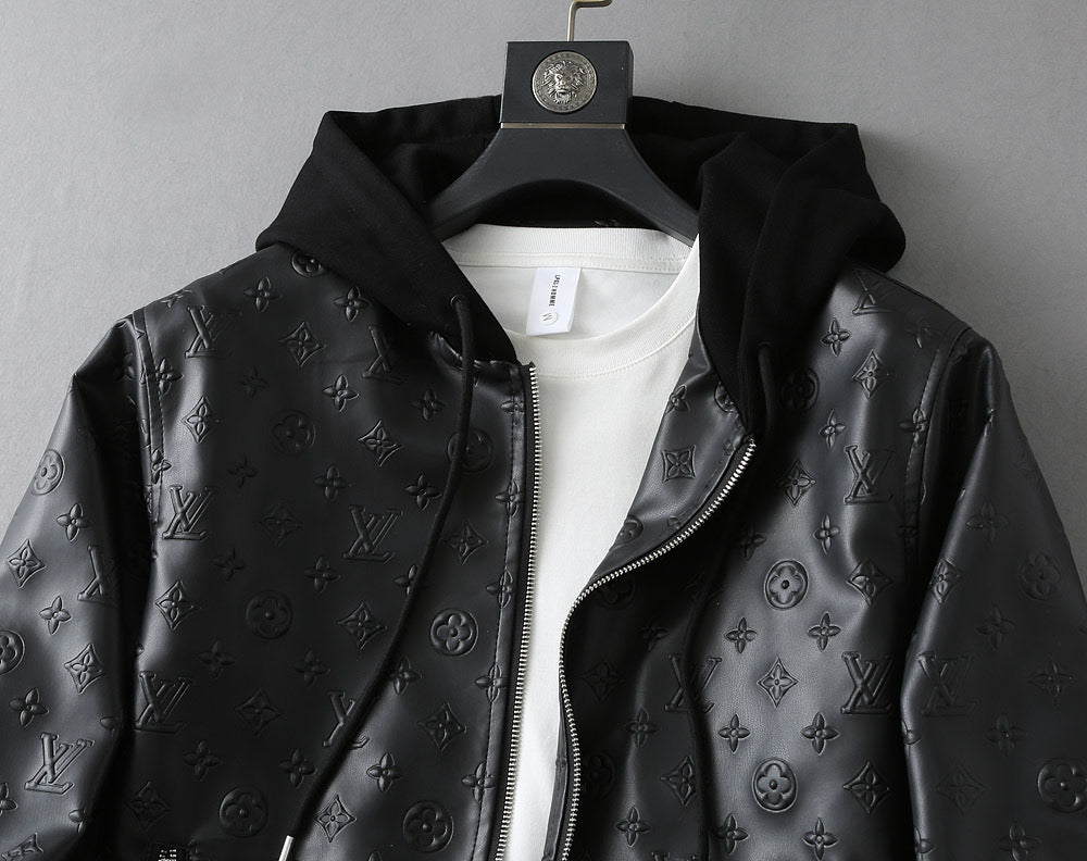 LOUIS VUITTON LV HOODED JACKET IN BLACK EMBOSSED CALFSKIN AND COTTON 239057