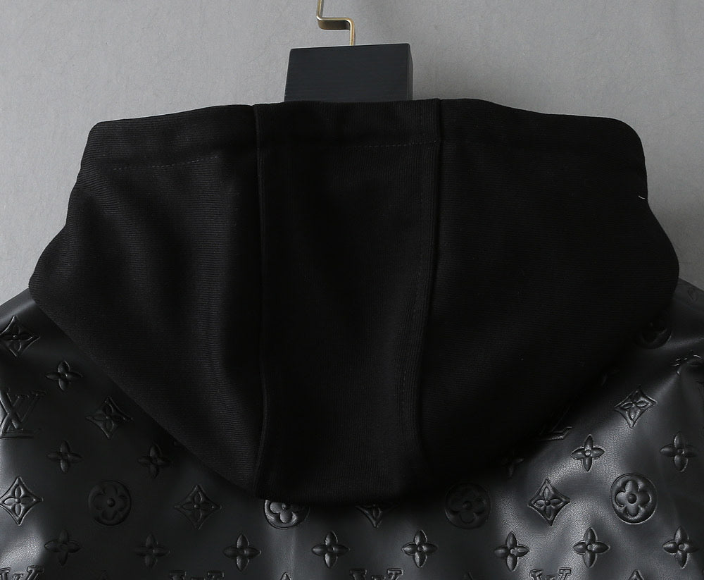 LOUIS VUITTON LV HOODED JACKET IN BLACK EMBOSSED CALFSKIN AND COTTON 239057