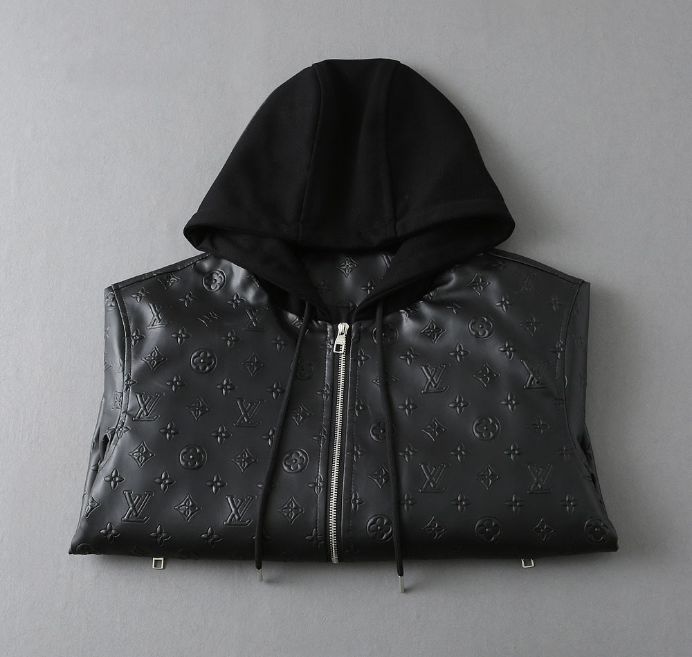LOUIS VUITTON LV HOODED JACKET IN BLACK EMBOSSED CALFSKIN AND COTTON 239057