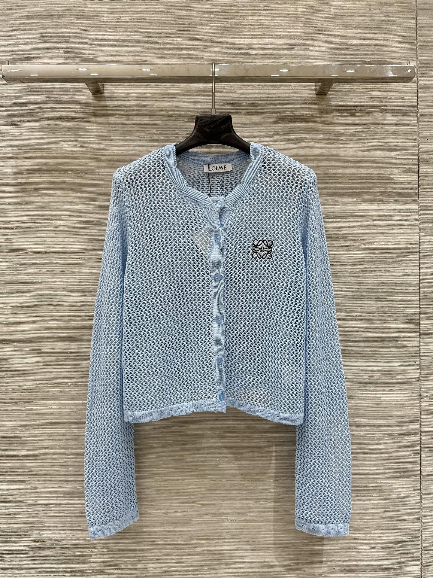 Loewe 25 Mesh Hollow Knitted Cardigan Blue Wool