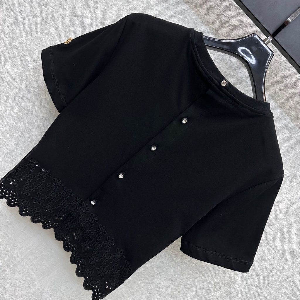 LOUIS VUITTON LV T-SHIRT WITH LACE-TRIMMED HEM