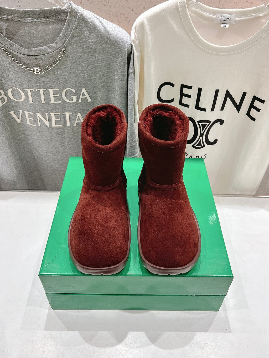 BOTTEGA VENETA SNAP MINI ANKLE BOOTS IN JAM RED SUEDE AND SHEARLING LINING