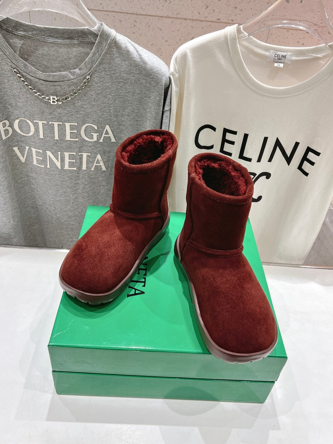 BOTTEGA VENETA SNAP MINI ANKLE BOOTS IN JAM RED SUEDE AND SHEARLING LINING