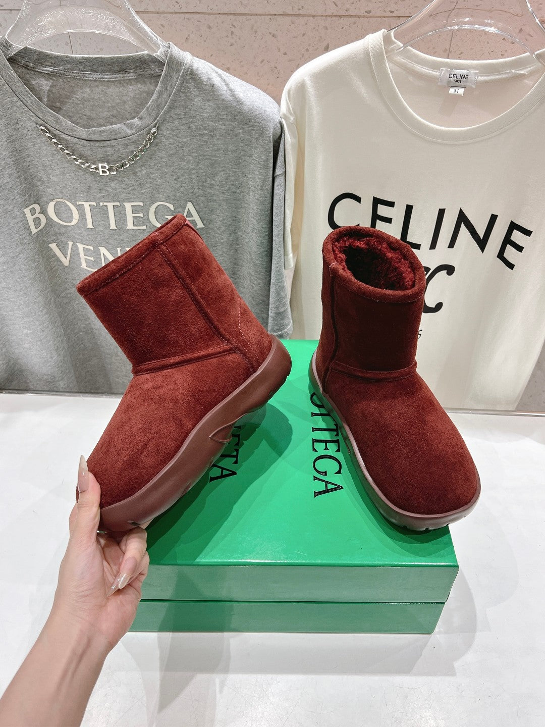 BOTTEGA VENETA SNAP MINI ANKLE BOOTS IN JAM RED SUEDE AND SHEARLING LINING