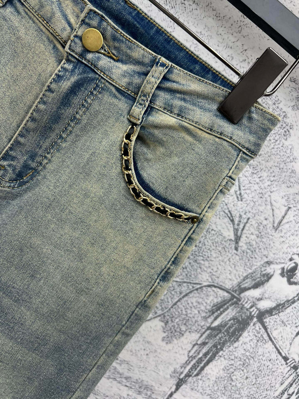 Joewe 25 Chain-decorated Jeans Blue Cotton Fabric