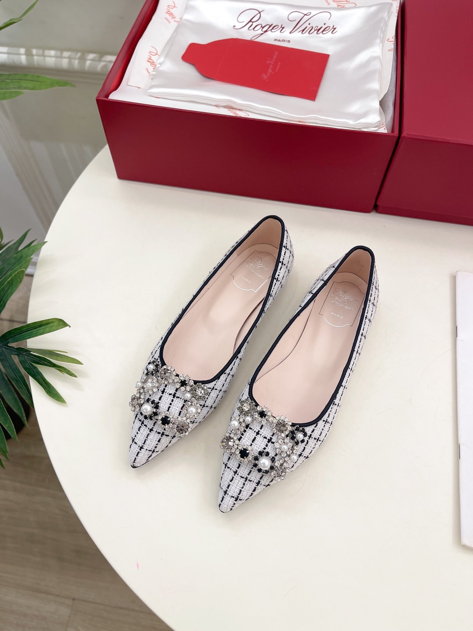 EFFLORESCENCE BALLERINAS IN WHITE TWEED WITH FINE BLACK STRIPES EMBELLISHED CRYSTALS